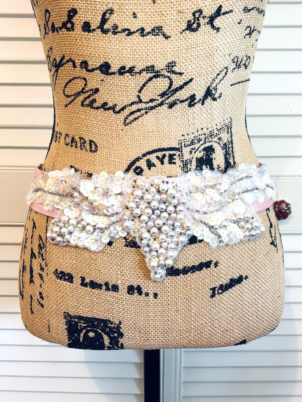 Vintage Pink, Ivory, and Silver Beaded Pearl Handmade Appliqué Sash Belt Bridal